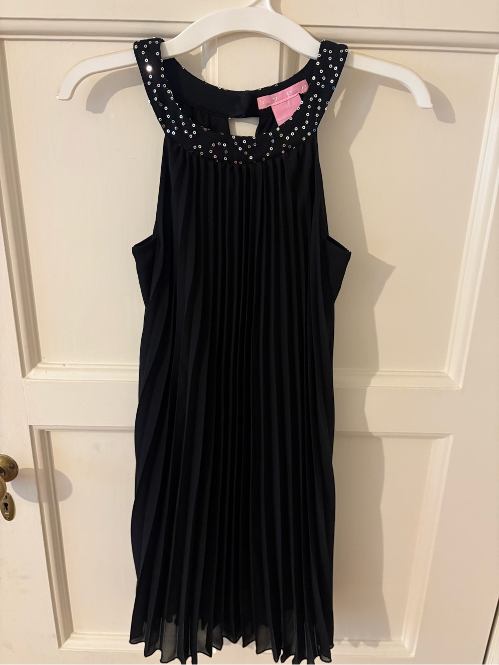 Girls Black Sleeveless Pleated Dress with Embellished Collar